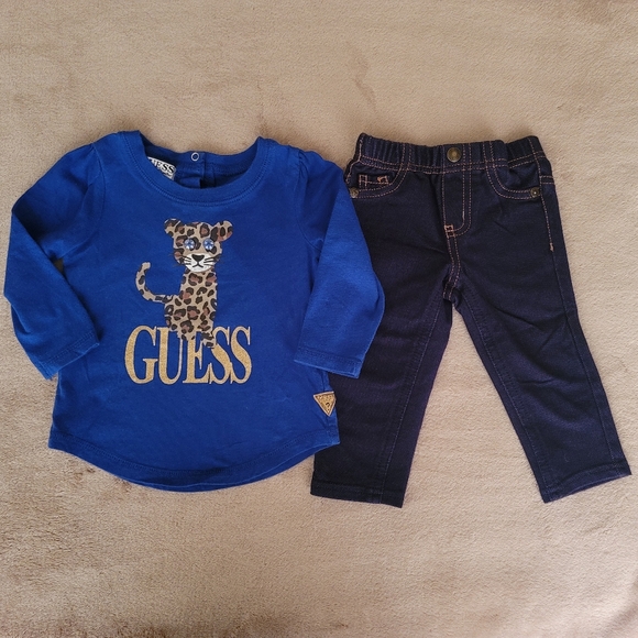 Guess Baby Girl Royal Blue Leopard Long Sleeve & Jean Leggings 12 Months - Picture 1 of 4
